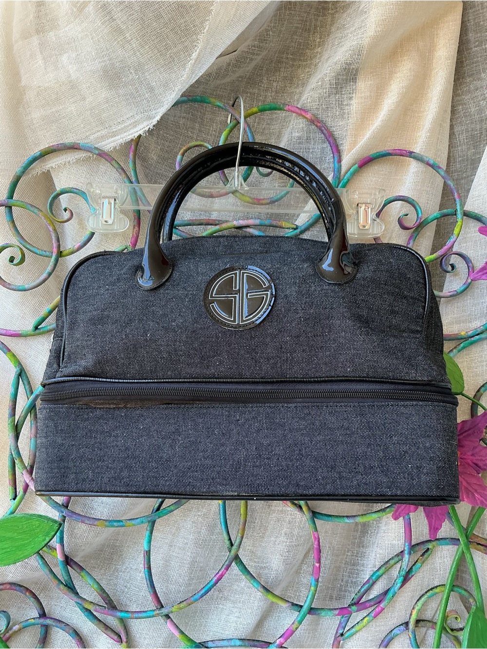 Gray Cosmetic Train Case with Glossy Black Handles with 2 Compartments